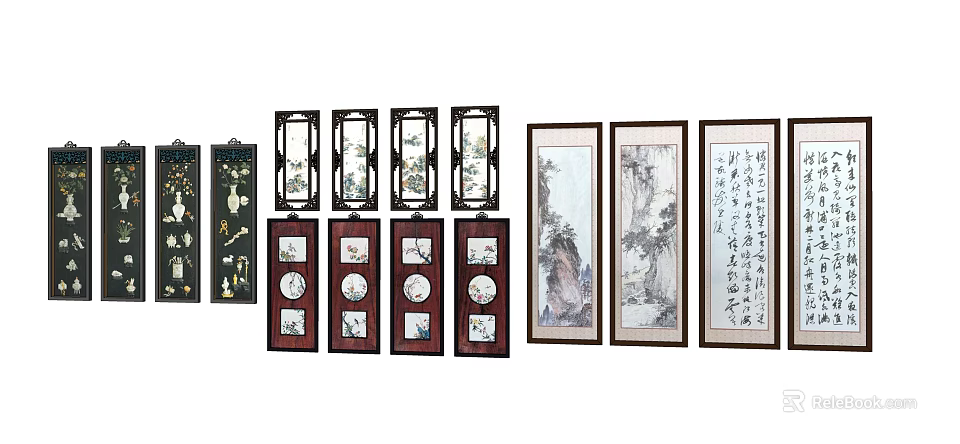 Traditional Chinese Decorative Art Collection With Hanging Scrolls Porcelain Plates And Paintings 3d model 