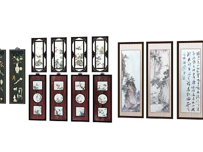 Traditional Chinese Decorative Art Collection With Hanging Scrolls Porcelain Plates And Paintings 3d model