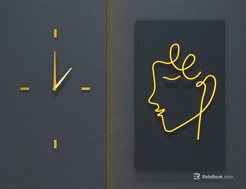 Modern Minimalist Wall Hanging Decor With Golden Line Clock And Face Outline On Black Background 3d model 