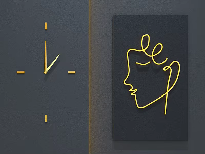 Modern Minimalist Wall Hanging Decor With Golden Line Clock And Face Outline On Black Background 3d model
