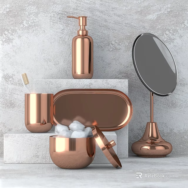 Copper Bathroom Accessories Set With Mirror Bottles And Cotton Ball Container 3d model 