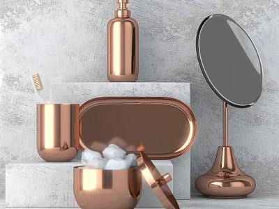 Copper Bathroom Accessories Set With Mirror Bottles And Cotton Ball Container 3d model
