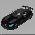 Black Two Door Sports Car With Blue Headlights Rear Spoiler And Silver Stripes