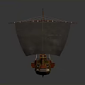 Ancient Wooden Water Vessel with Large Sail and Ornate Decorative Bow Design