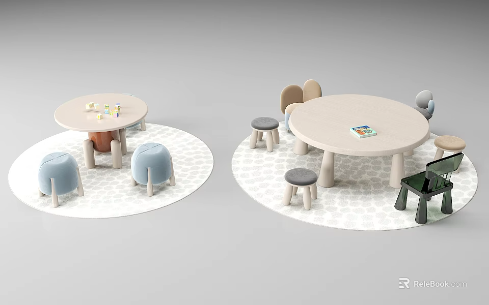 Round Kids Table With Colorful Stools And Chairs On Patterned Play Carpet 3d model