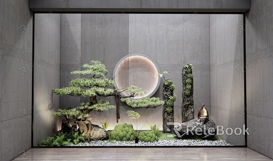 New Chinese Landscape Sketch Courtyard Landscape Sketch Zen Landscape Stone rockery Dead stone Pine tree Bryophytes model