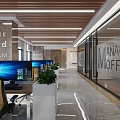 Modern Public Office Space With Wooden Ceiling Computers Green Plants And Glass Partitions 3d model