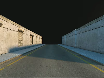 Empty road with yellow double lines and sidewalks between concrete walls and roll-up doors 3d model