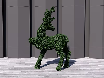 Topiary Bush Shaped as Deer Against Grey Wall and Wooden Floor 3d model