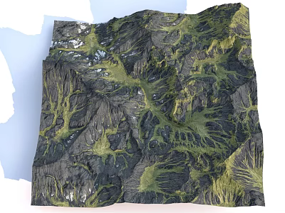 3D Terrain Model Featuring Mountainous Landscape Green Dark Textures And Detailed Topography 3d model