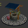 Traditional Well With Blue Roof Orange Wooden Frame And Bucket On Circular Stone Floor