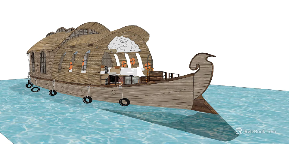 Traditional Wooden Boat Design With Decorative Bow And Seating On Water 3d model 