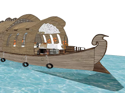 Traditional Wooden Boat Design With Decorative Bow And Seating On Water 3d model