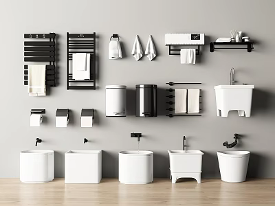 Bathroom Washing Essentials With Towel Racks Wash Basins Trash Bins And Towels 3d model