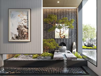 Modern Indoor Miniature Garden With Pine Tree Water Feature Green Plants And Stone Pebbles 3d model