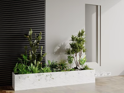 Indoor Plant Combination In White Marble Planter With Cactus Small Trees And Greenery 3d model