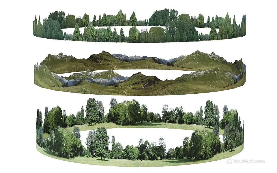 Natural Layered Landscape Background Wall Design With Trees Mountains And Grassland 3d model 