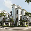 Classic Detached Villa Featuring Tall Tower Large Glass Windows and Green Surroundings
