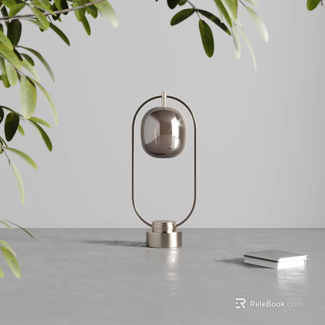 Stylish Table Lamp With Metal Frame And Glass Globe On Gray Tabletop With Green Leaves 3d model 