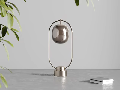 Stylish Table Lamp With Metal Frame And Glass Globe On Gray Tabletop With Green Leaves 3d model