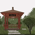 Traditional Wooden Pavilion with Stone Path and Green Lawn Among Trees