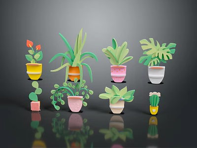 Colorful Potted House Plants With Various Leaf Shapes And Decorative Pots 3d model
