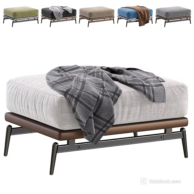 Comfortable Light Gray Sofa Stool With Gray Plaid Blanket Brown Frame And Metal Legs 3d model 