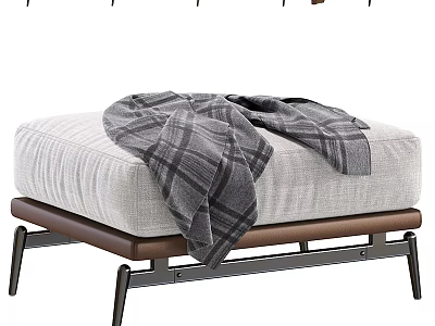 Comfortable Light Gray Sofa Stool With Gray Plaid Blanket Brown Frame And Metal Legs 3d model