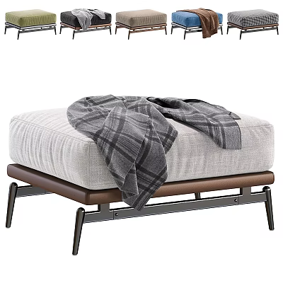 Comfortable Light Gray Sofa Stool With Gray Plaid Blanket Brown Frame And Metal Legs 3d model