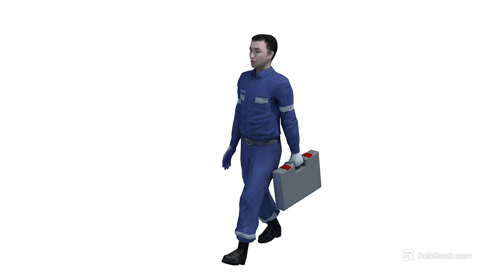 Man In Blue Work Uniform With Reflective Stripes Carrying Toolbox While Walking 3d model 