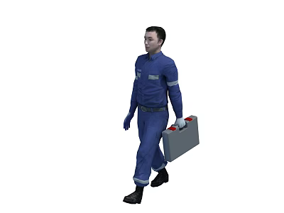 Man In Blue Work Uniform With Reflective Stripes Carrying Toolbox While Walking 3d model
