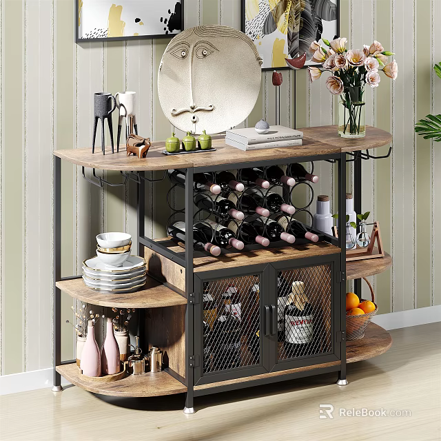 Stylish Wooden Metal Sideboard Cabinet with Wine Rack Plates Decorations Flower Vase Fruit Basket 3d model 
