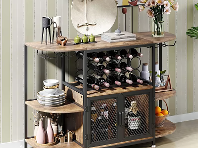 Stylish Wooden Metal Sideboard Cabinet with Wine Rack Plates Decorations Flower Vase Fruit Basket 3d model