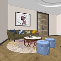 Modern Office Interior With Sofa Coffee Table Desk And Circular Ceiling Design 3d model