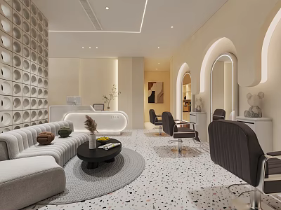 Modern Hair And Beauty Salon Interior With Styling Chairs Comfortable Sofa And Decorative Mirrors 3d model