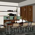 Cozy Restaurant Interior With Wooden Dining Table Rattan Chairs And Circular Wall Decor