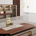 Modern Wooden Office Desk With Laptop Beige Chair Lit Bookshelf And Green Plant