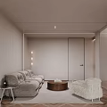 Modern Minimalist Living and Dining Room Interior With White Ceiling Arched Windows Staircase And Sofa