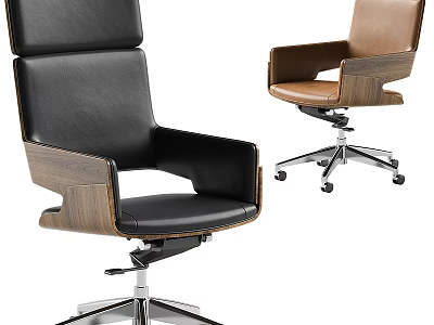 Modern Office Chair with Black and Brown Leather Seats Wooden Frame Metal Base and Wheels 3d model