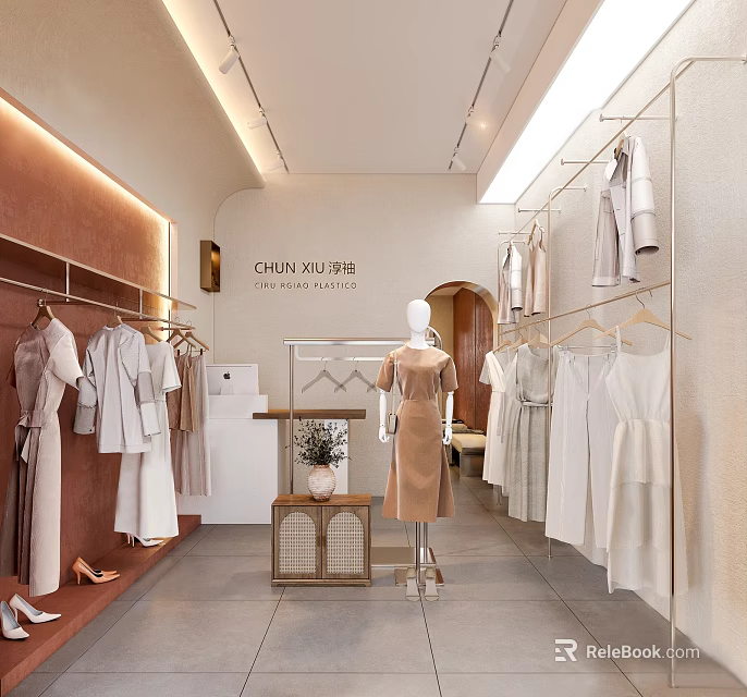 Modern Minimalist Clothing Store Interior With Hanging White Beige Garments Mannequin And Metal Racks 3d model 