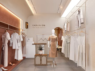 Modern Minimalist Clothing Store Interior With Hanging White Beige Garments Mannequin And Metal Racks 3d model