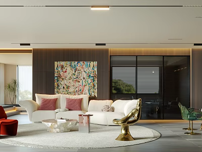 Modern Open Concept Living Dining Room With White Sofa Colorful Artwork And Gold Decor 3d model