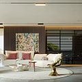Modern Open Concept Living Dining Room With White Sofa Colorful Artwork And Gold Decor