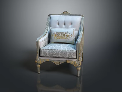 Classic Single Sofa with Carved Wooden Legs Patterned Cushions and Gold Pattern Throw Pillow 3d model