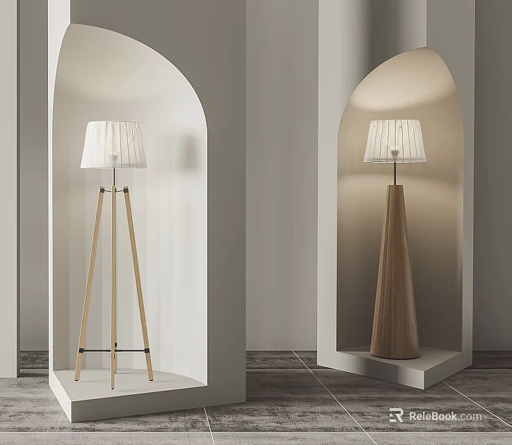 Modern Floor Lamps With Tripod And Cone Shaped Designs In Arched Niches 3d model 