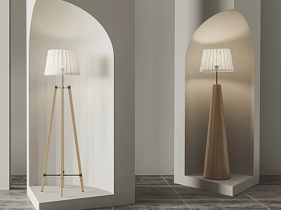 Modern Floor Lamps With Tripod And Cone Shaped Designs In Arched Niches 3d model