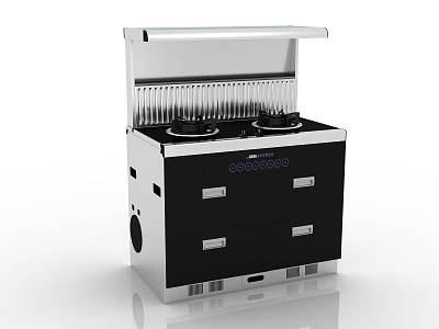 Modern Integrated Kitchen Stove With Double Burners Range Hood And Storage Drawers 3d model