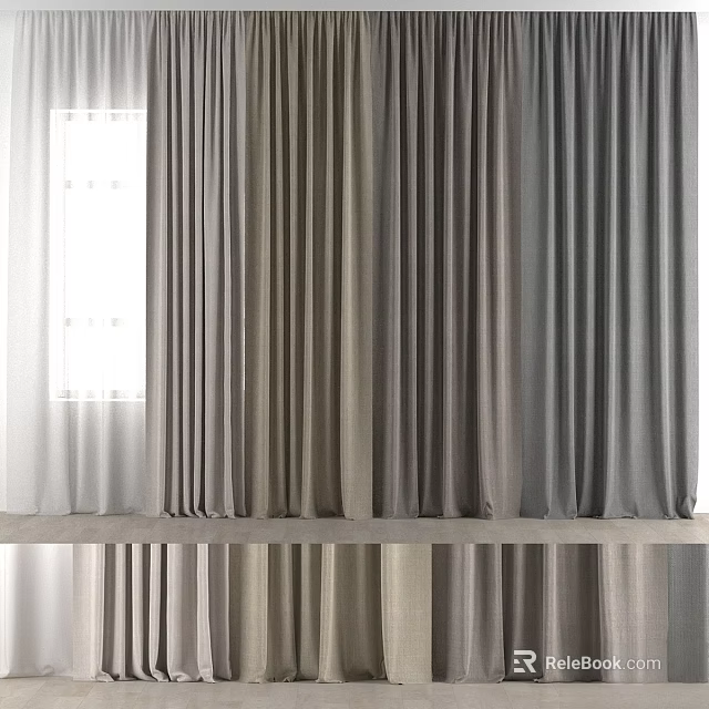 Layered Gray Tones Window Curtains With Sheer And Solid Fabric Design 3d model 
