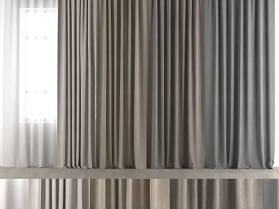 Layered Gray Tones Window Curtains With Sheer And Solid Fabric Design 3d model
