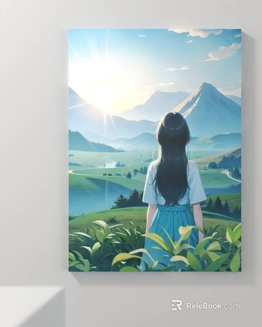 Girl With Long Hair Standing In Green Field Looking At Mountain View Under Sunlight 3d model 